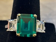 Sterling Silver 925 Green Emerald-Cut CZ Ring Three Stone Step Cut Accents
