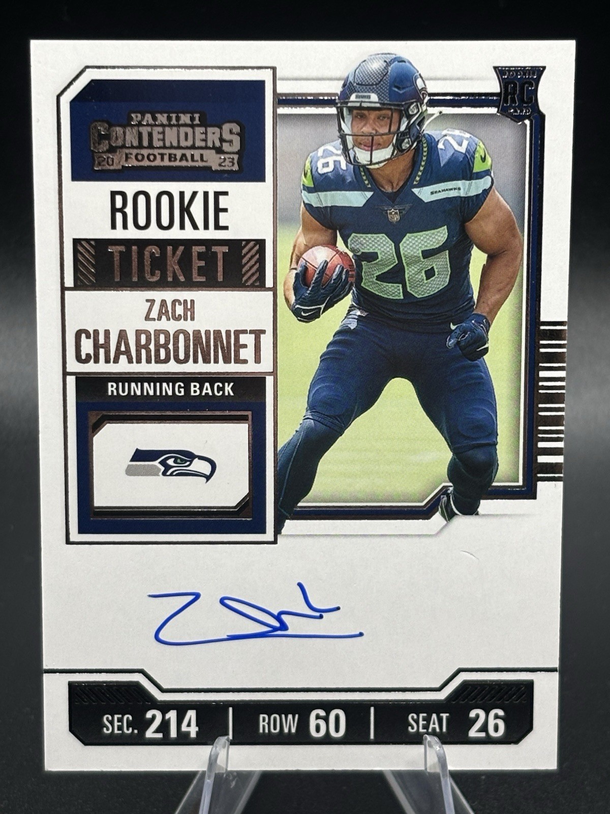 2023 Panini Contenders Rookie Ticket Auto Zach Charbonnet #141 Seahawks On Card