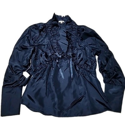 Walter Silk Blouse S Navy Blue Ruffles Long Sleeve V-Neck Bow Preppy Classic
