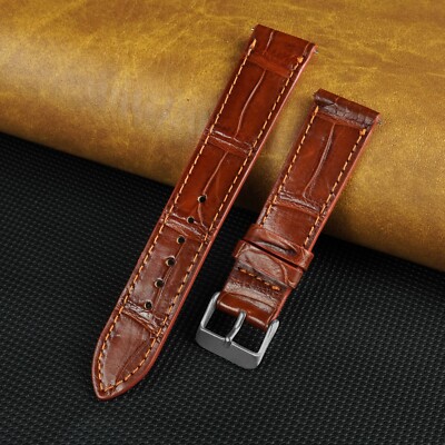 Flat Brown Crocodile Leather Watch Band Real Crocodile Watch Strap Silver Buckle