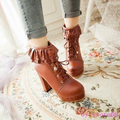 Ruffle Women‘s Lace Up Platform Ankle Boots High Block Heel Dress Shoes Lolita - Picture 15 of 16