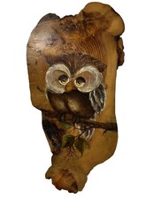 Vintage Sleepy Owl Wall Art Wooden Slab Hand Painted Signed 13 x 6? Rustic Deco