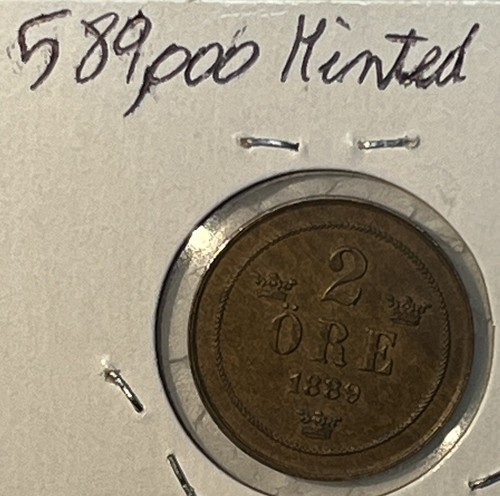 Sweden 1889 Two 2 Ore Almost Uncirculated AU Condition Coin Only 589,000 Minted - Picture 4 of 12