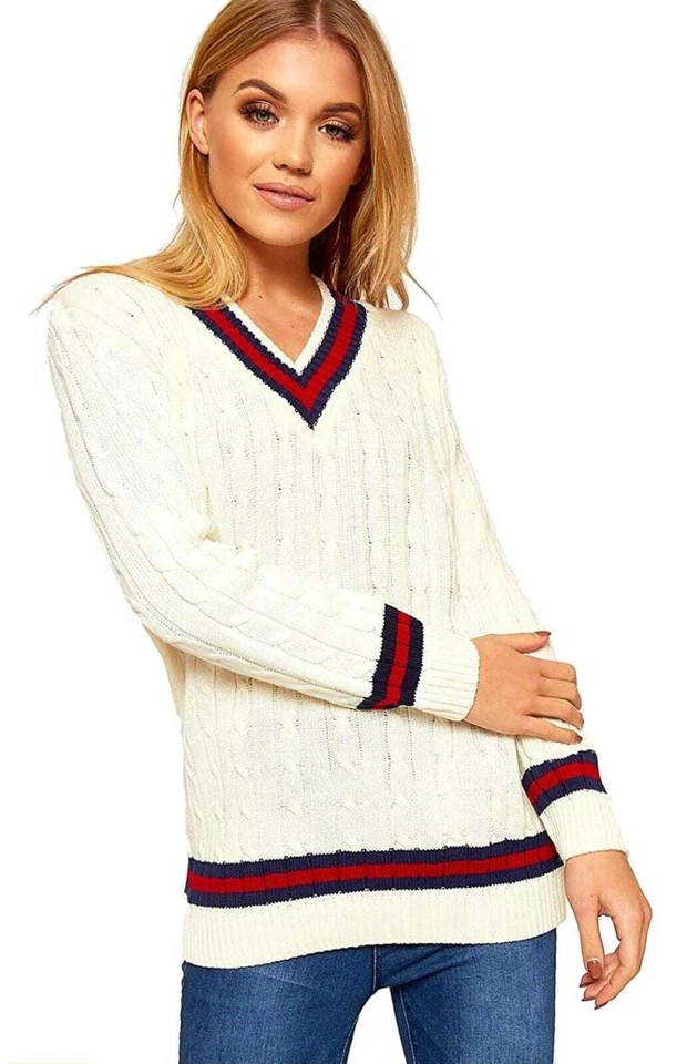 Womens Cricket Jumper Ladies Pullover Cable Knitted V Neck Long Stretch Top UK - Image 3 of 4