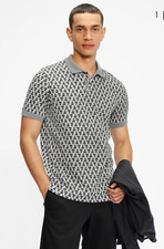Ted Baker Mens Rebals Monogram Knit Gray Short Sleeve Polo Shirt Sz 5/L