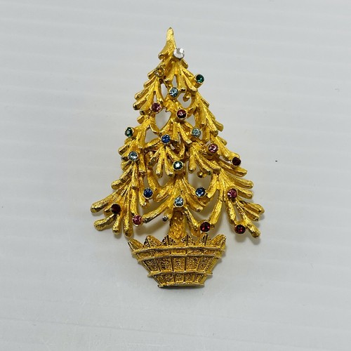 Vintage Mylu Christmas Tree Brooch Pin Gemstone Rhinestone Gold Jewels Crystal - Picture 6 of 8