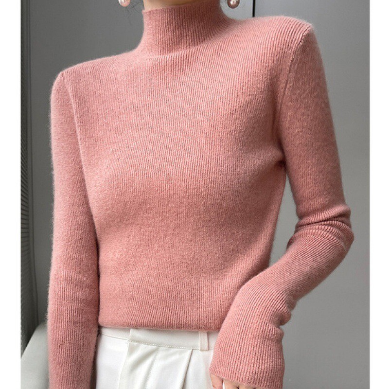 Ladies Pullover Knit Sweater Slim Knitwear Faux Cashmere Mock Neck