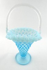 Fenton Hobnail Blue Opalescent 9 Inch Footed Basket Flared Cone Shape 389