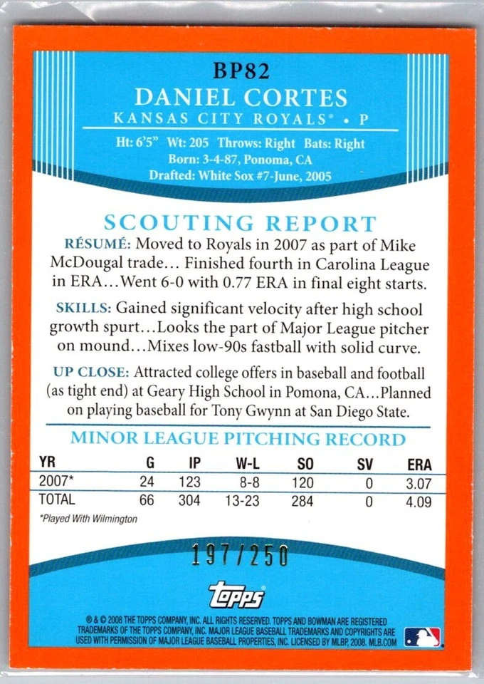 2008 Bowman 1st Bowman Orange /250 Daniel Cortes #BP82 Kansas City Royals - Image 2 of 2