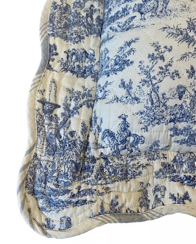 2 Vtg French Toile Throw Pillows Blue Quilted Ruffles Dbl Sided Cottagecore RARE - Picture 15 of 21