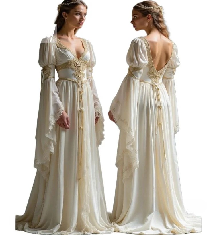 Romantic Medieval Long Sleeve Wedding Dresses V-Neck Victorian Gold Lace