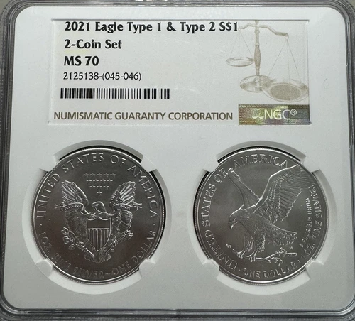 2021 American Silver Eagle Type 1 & 2 $1 2 Coin Set NGC MS70 Two 1 Oz ASE