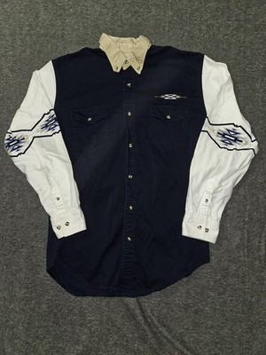 Express Rider Shirt Mens Medium Navy White Western Aztec Embroidered Cowboy