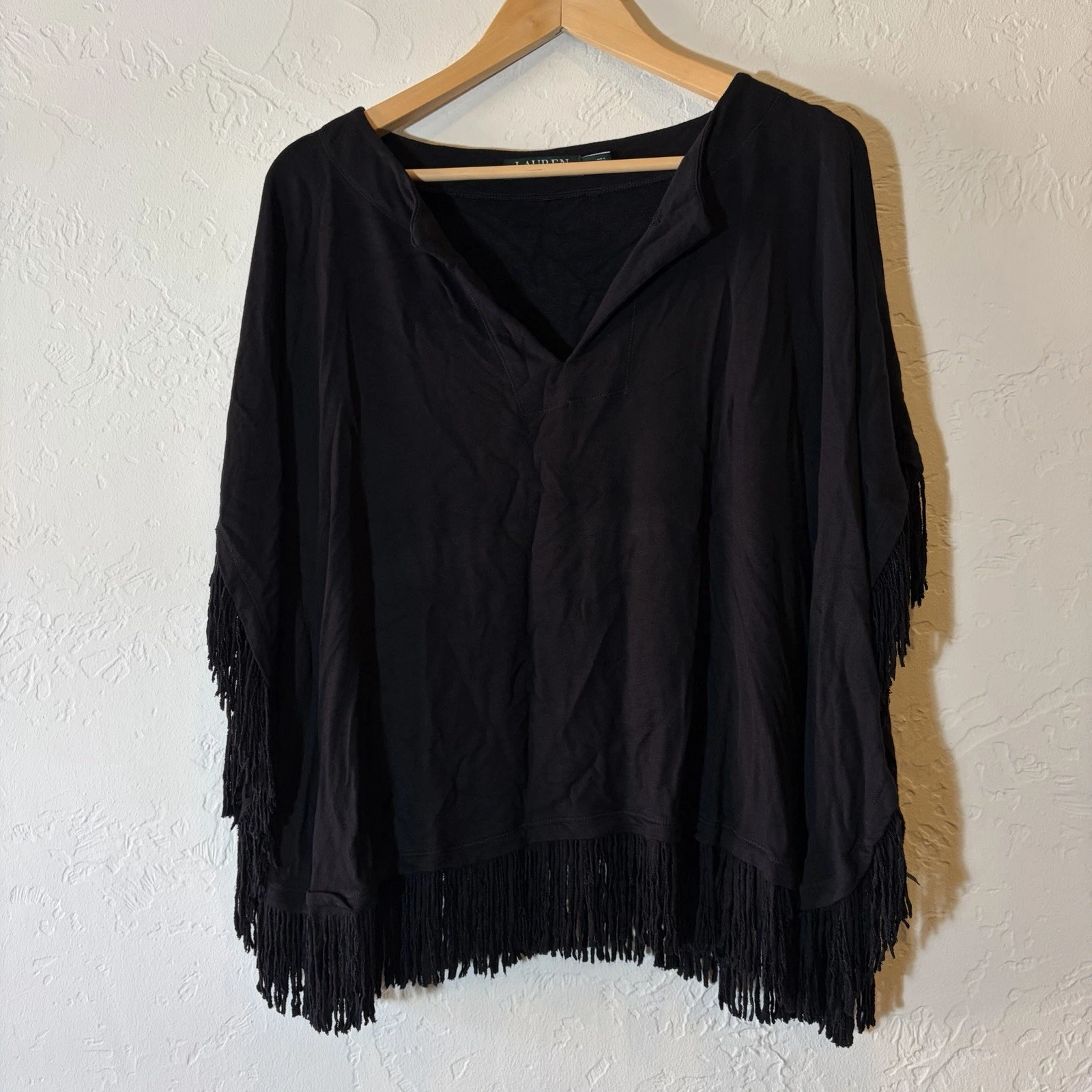 Lauren Ralph Lauren Black Fringe Poncho Top PM Boho Western Festival
