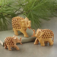 Double-Carved Wood Elephant Family - Set of 3 - 041718