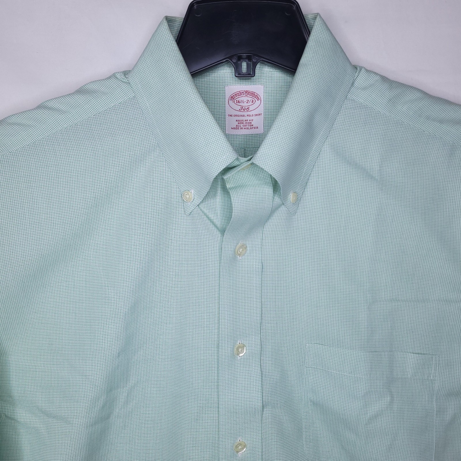 Brooks Brothers Dress Shirt Mens 16.5 Mini Check Green Non Iron 346