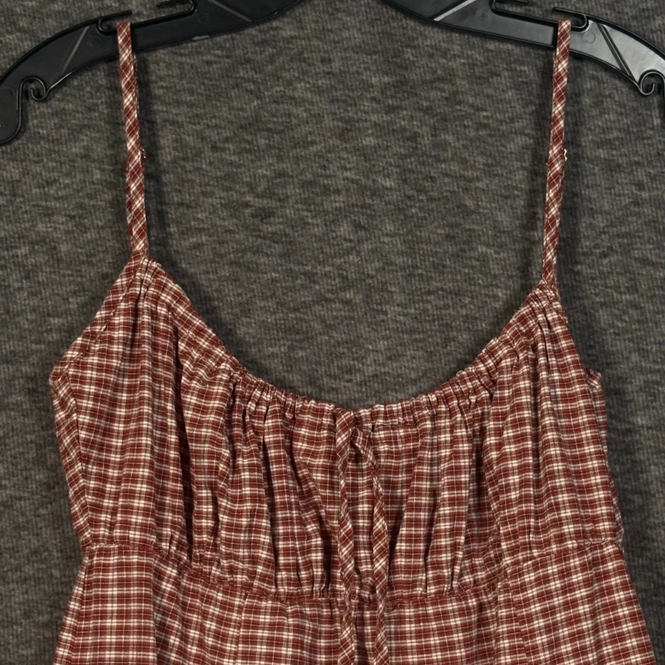 UNIF Plaid Cotton Mini Dress Burgundy Beige Check Spaghetti Strap Medium - Image 2 of 4