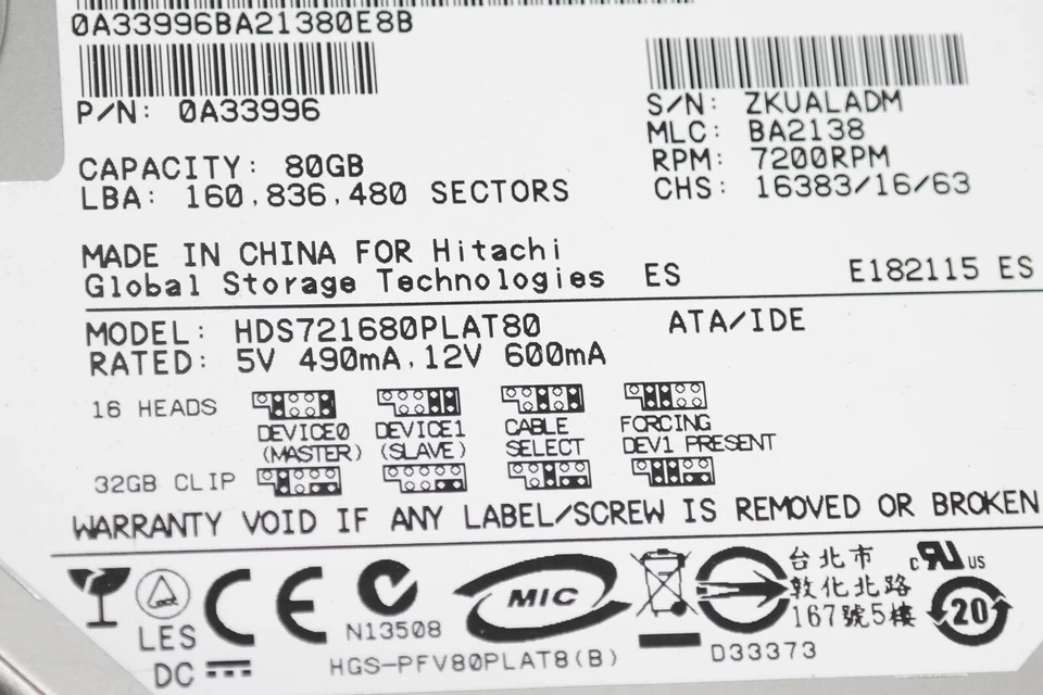 HITACHI 0Y30003 80GB IDE 7200RPM 3.5" Internal Hard Drive - HDS721680PLAT80 - Image 3 of 4