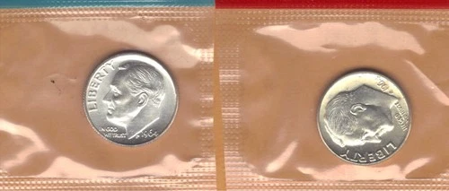 1964-P & D UNCIRCULATED 90% SILVER ROOSEVELT DIMES IN MINT SET CELLO (2 coins)