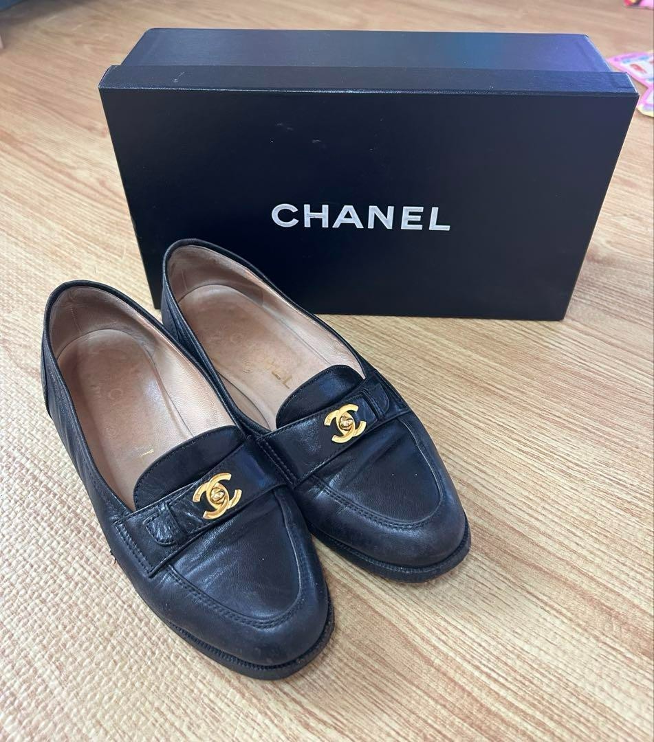 Chanel Vintage Loafers Black Leather With Coco Mark Size