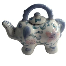 Elephant Creamer Teapot White and Blue Porcelain Floral Pattern Chinoiserie 8' L