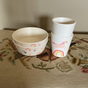 Lot Of 4 Target Pillowfort Kids Melamine Unicorn & Rainbow (2)Mugs (2Bowls 