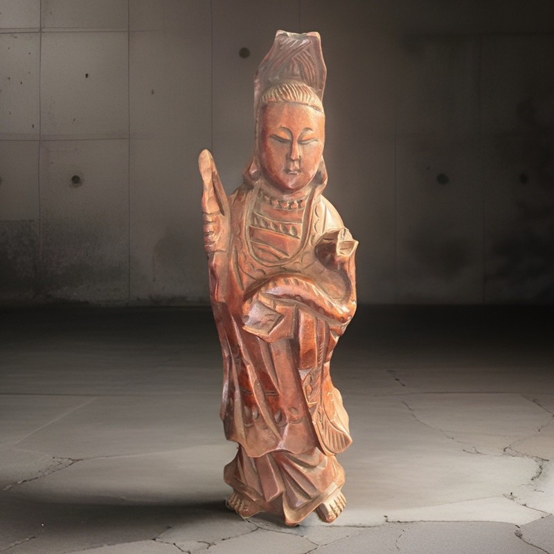 Vintage Chinese Hand Carved Wood Kwan Yin Guanyin Statue Sculpture 11.5"