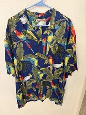 Vintage Paradise Found Mens Blue Parrot Hawaiian Aloha Short Sleeve Shirt 2XL