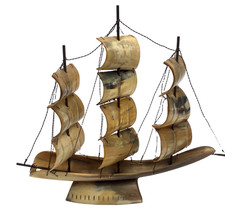 Vintage Handcrafted 3-mast Saliling Ship Made Of Cow Horn