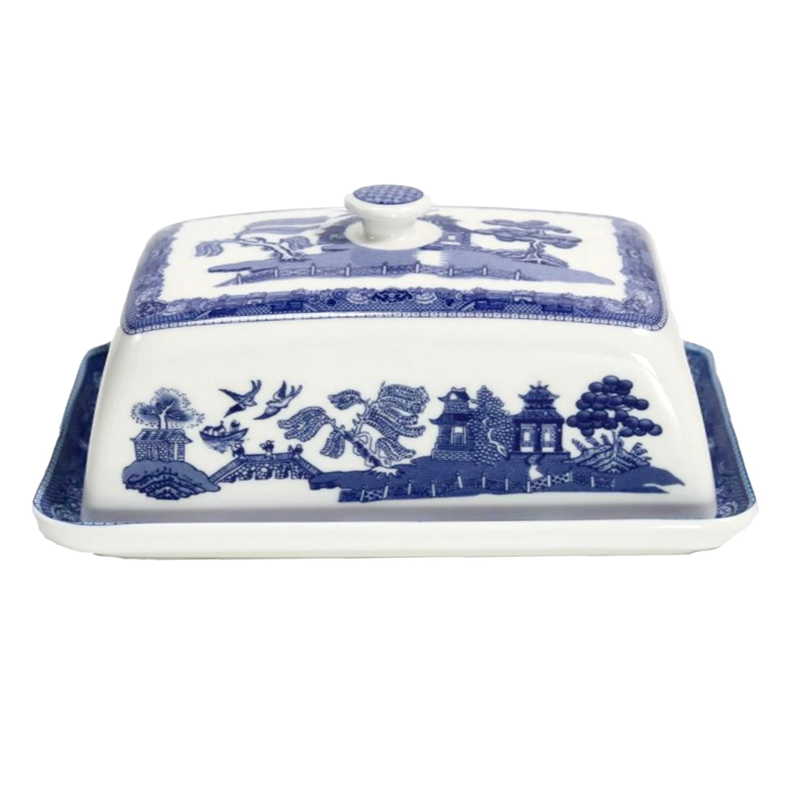 Blue Willow Butter Dish with Lid Ceramic Storage Serving Breakfast Container