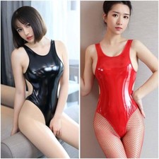 Damen PVC Lackleder Glänzend Stringbody Wetlook Bodysuit Overall Catsuit Dessous