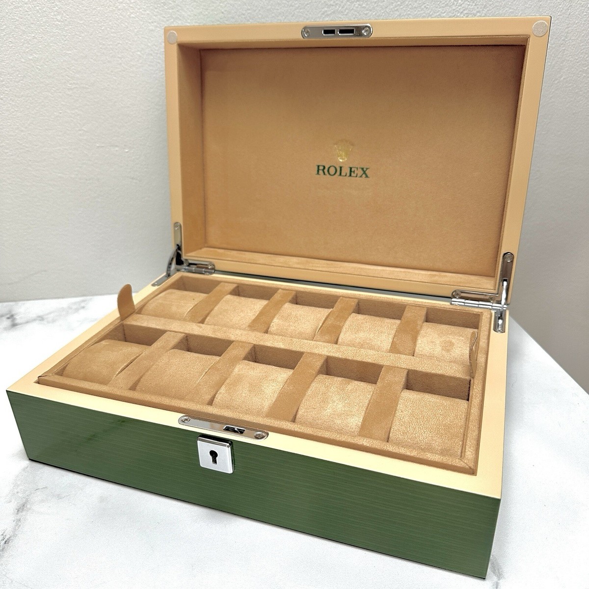 Rolex Green Lacquer 10 Multi Watch Box Wood Storage Case Rolex Green Lacquer 10 Multi Watch Box Wood Storage Case
