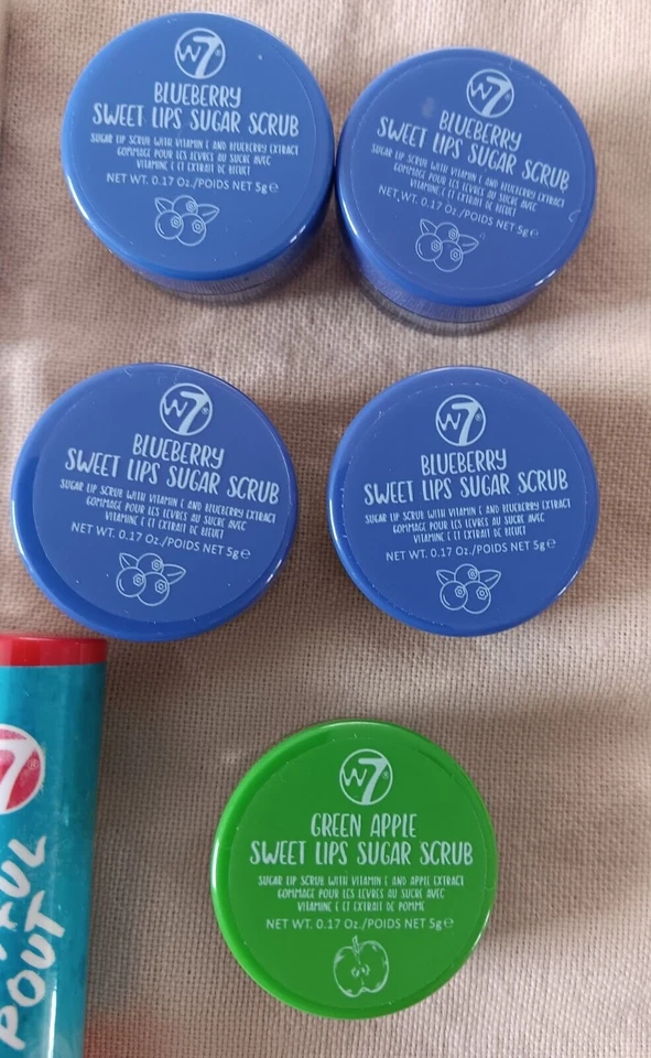Lote de exfoliantes W7 brillo labial puchero juguetón lápiz labial verde arándano manzana Foto 4 de 4