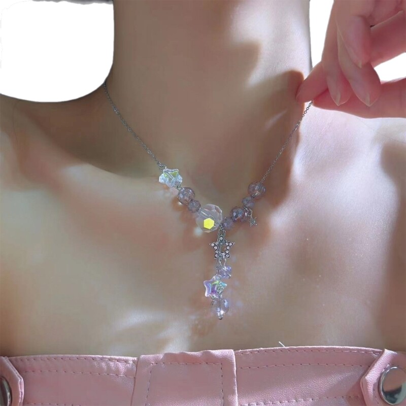 Crystal Beaded Star Pendant Necklace Fashion Tassels Clavicle Chain Choker