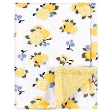 Luvable Friends Plush Blanket with Sherpa Back, Yellow Floral, One Size