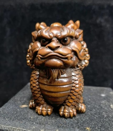 Vintage Japanese Netsuke Old Boxwood Carved Kylin Statue Home Decoration