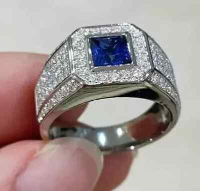 3CT Princess Lab Created Blue Sapphire Men's Wedding Ring 14K White Gold Plated