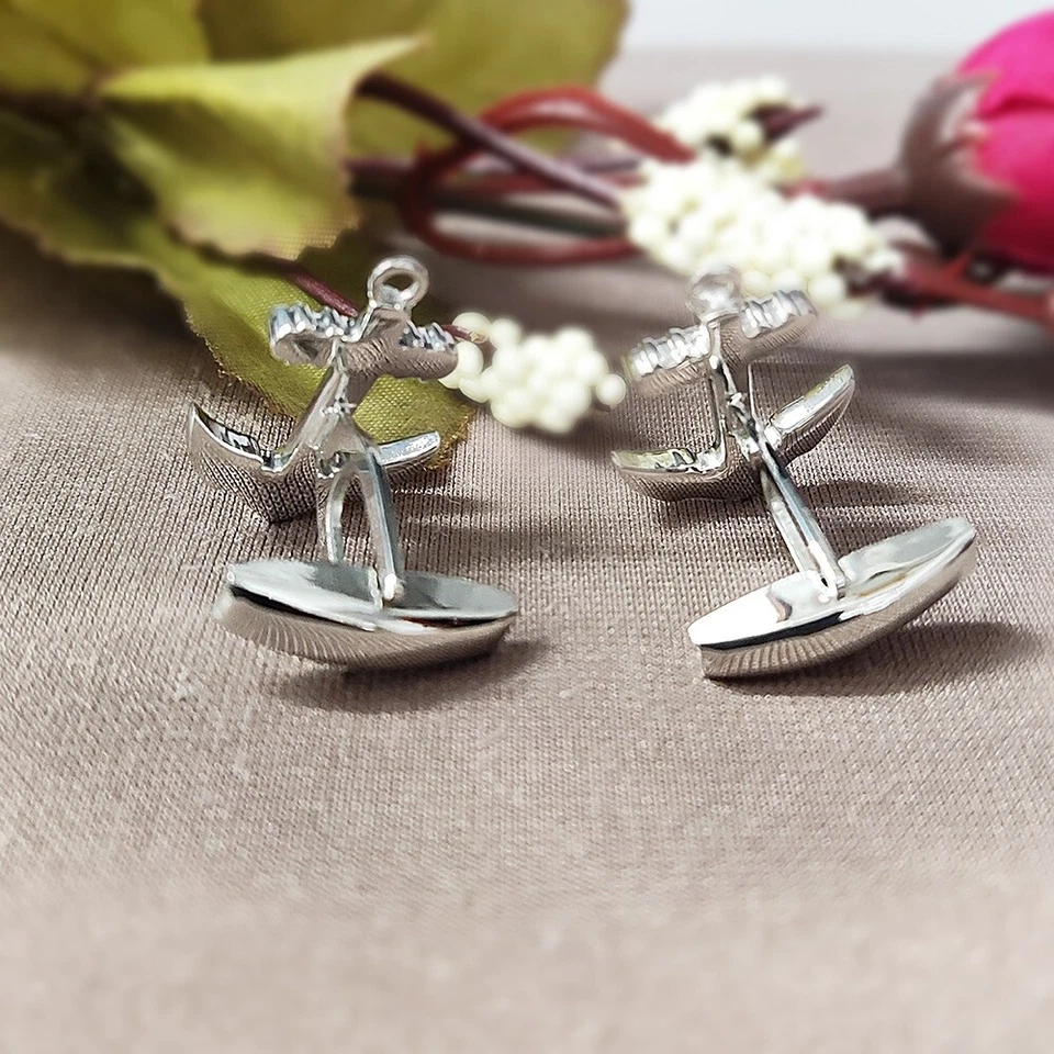 Gemelos de boda de plata de ley 925 con ancla de alto pulido para hombre 1 par para regalo Foto 4 de 4