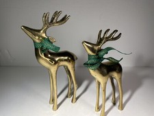 VTG Pair of Brass Plated Reindeer Figurines 8" 7" tall w/ Christmas Ribbons