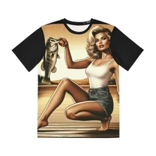 Vintage Style Bass Fishing Pin Up Babe T Shirt All Over Print Lake Largemouth