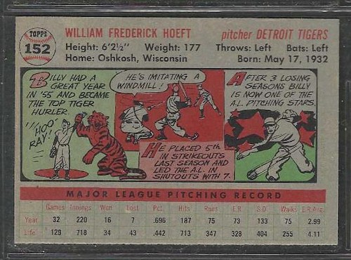 1956 TOPPS # 152 BILLY HOEFT TIGERS GB NM - Picture 2 of 2
