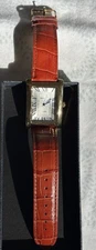 Peugeot Rectangular Roman Numeral Watch with Brown Leather Strap 2051