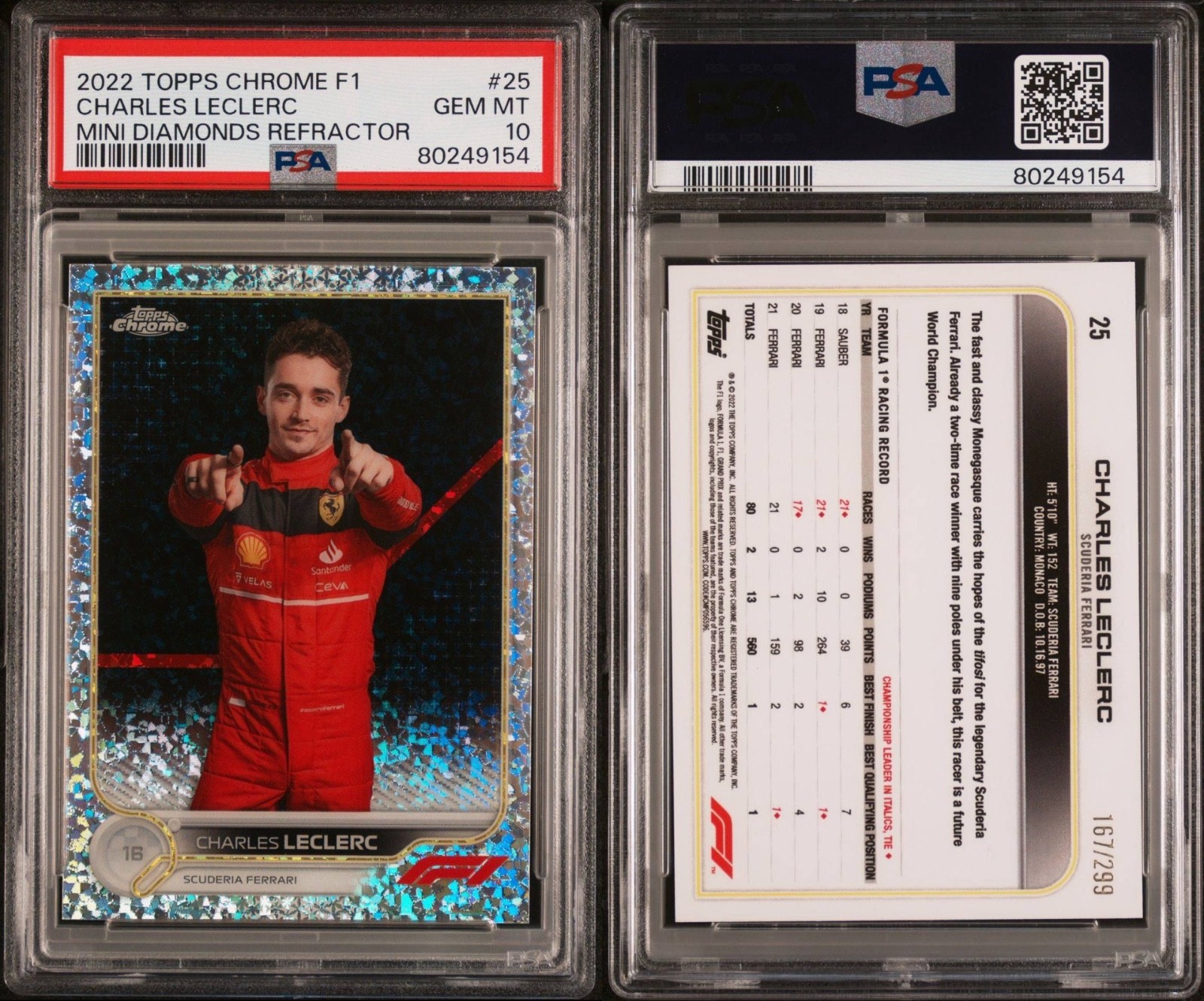 2022 Topps Chrome F1 Charles Leclerc Portrait Mini Diamonds 167/299 PSA 10 #25 view 3
