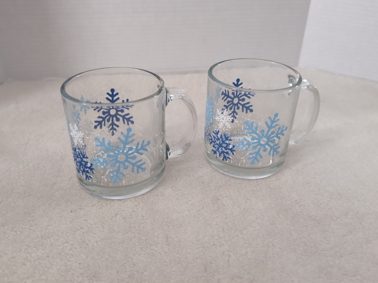 2 Vintage Libbey Glass Clearly  Winter Blue White Snowflakes Coffee Tea Mugs
