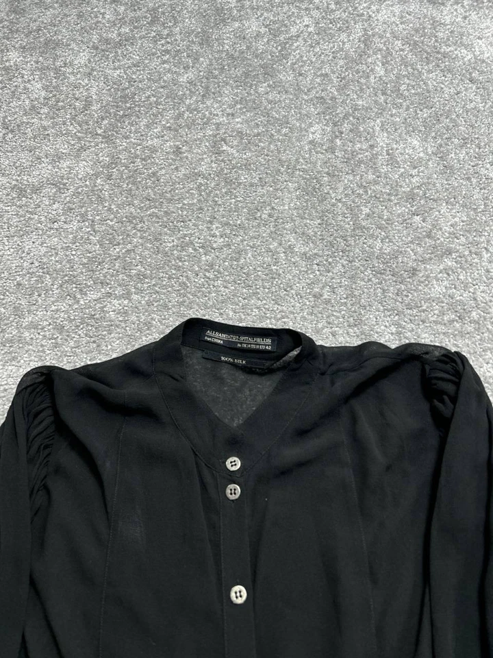 Blusa Top Allsaints Mujer 10 Negra Seda Botón Frontal Mangas Acanaladas Cuello Banda Foto 3 de 4