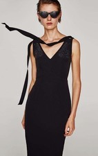 Zara Ladies Bodycon Dress Size L Black Sparkle Bow Cocktail Party LBD New!