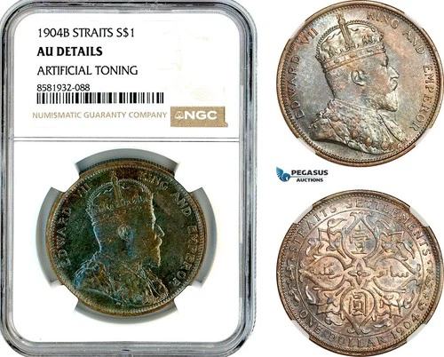 AL064, Straits Settlements, Edward VII, 1 Dollar 1904 B, Bombay Mint, NGC AU Det