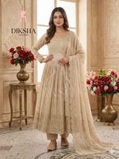 Beige Embroidered Anarkali Suit Women Indian Ethnic Wedding Party Wear