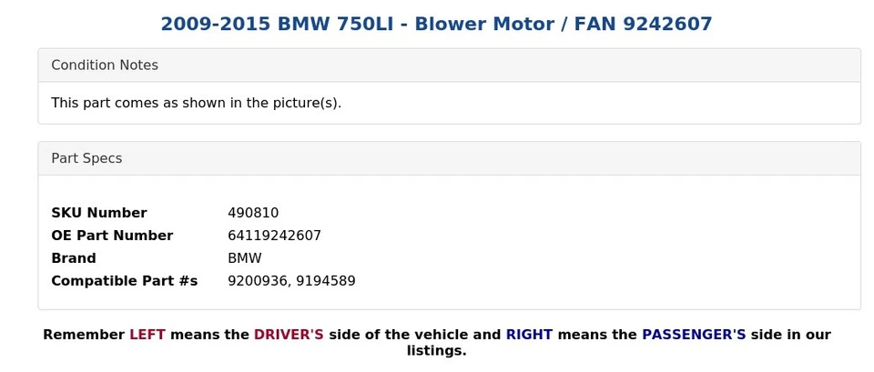 BMW 750LI 2009-2015 - Motor soplador / ventilador 9242607 Foto 4 de 4