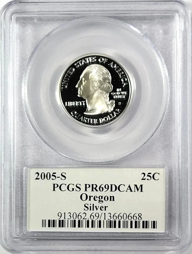 ✅ 2005-S Oregon 90% PLATEADO Washington Quarter ~ PCGS PR69DCAM Etiqueta Bandera Estatal Foto 2 de 2